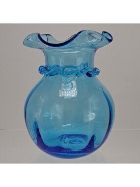 Pilgrim Ruffle Vase Hand Blown Blue Glass Clear Ribbed Applied